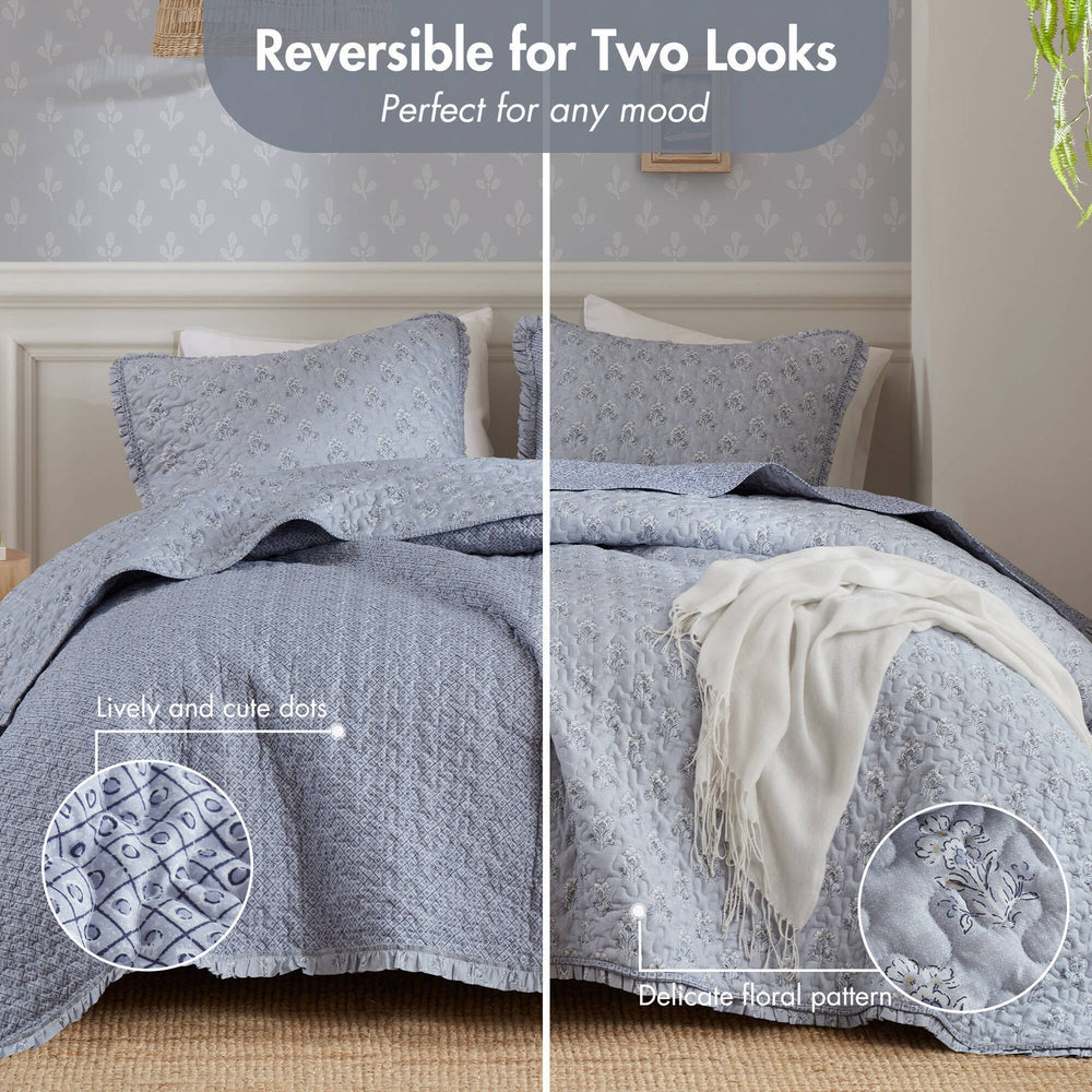 3-Piece Queen 3 Piece Ruffle Printed Quilt Set,Blue Media 8