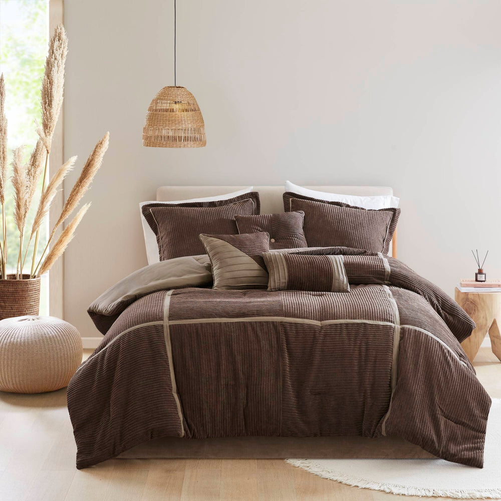 7 Piece Micro Corduroy Comforter Set Brown Queen Media 1