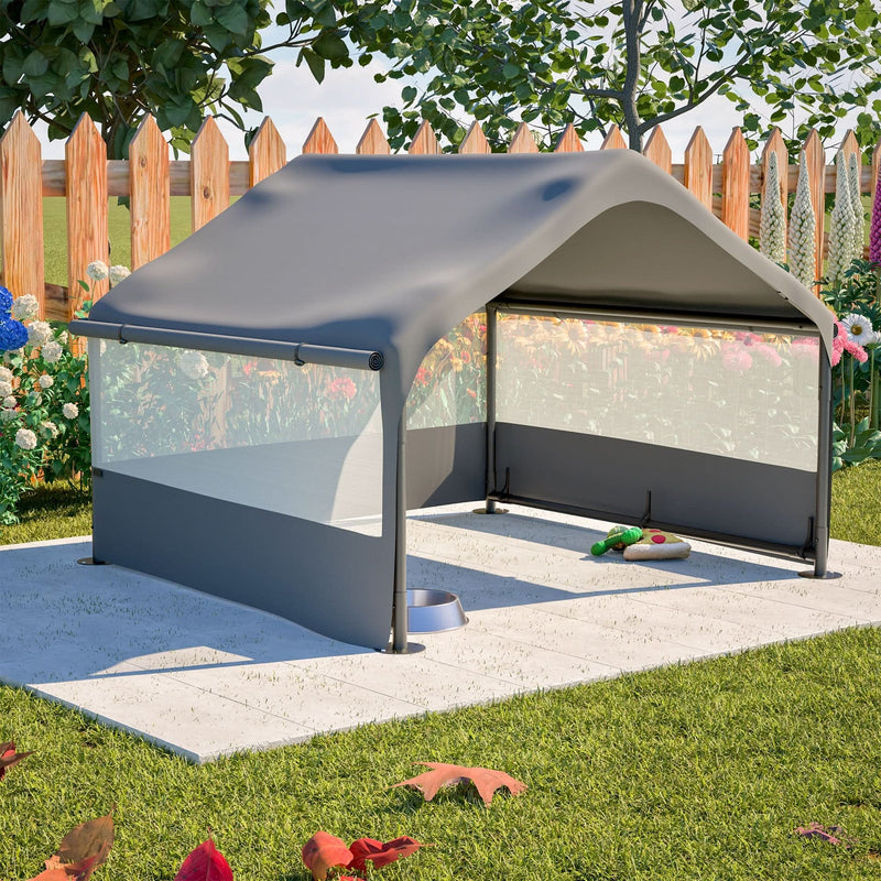 Extra Large Outdoor Dog House Tent with 3-Sided Mesh Windows, Breathable Sun Rain Cover Pet Shelter with Canopy and Ground Stakes for Dogs, Cats, Livestock – 4' x 4' x 3.3', Gray