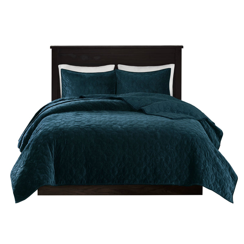 3 Piece Velvet Quilt Set Teal King/Cal King