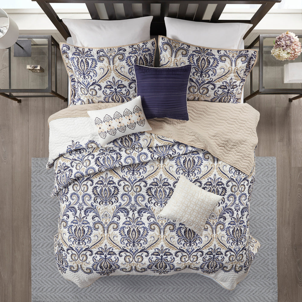 6 Piece Reversible Quilt Set with Throw Pillows Navy/Tan Full/Queen Media 7