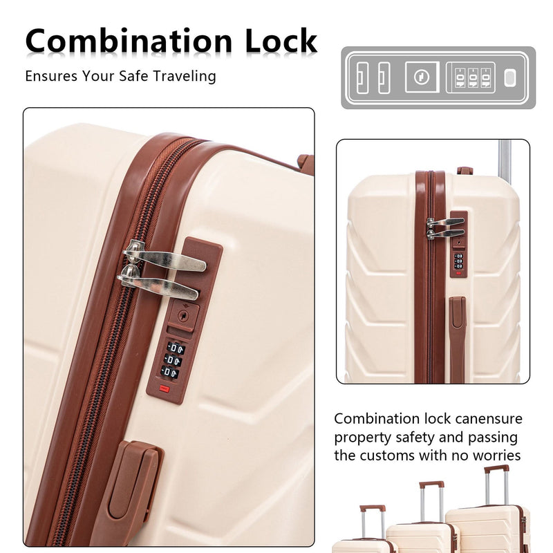 Abs Luggage Set 20 24 28 Inches 3 Piece Beige Durable Spinner Wheels & Combination Lock