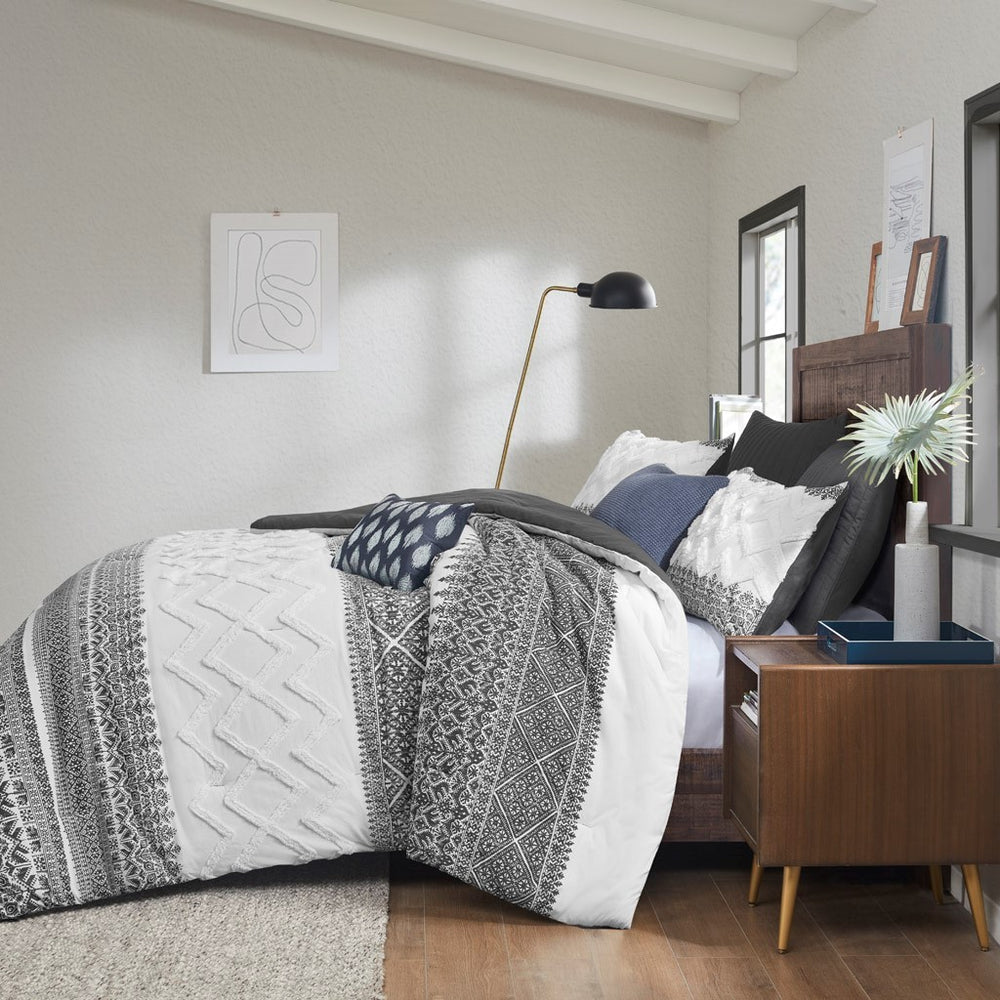 3 Piece Cotton Comforter Set with Chenille Tufting Gray Full/Queen Media 13