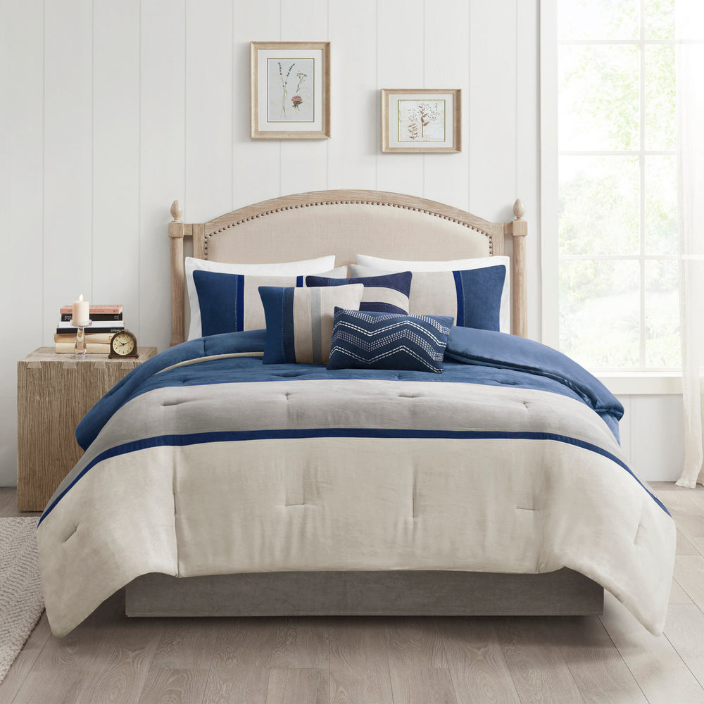 7 Piece Faux Suede Comforter Set Blue King Media 5
