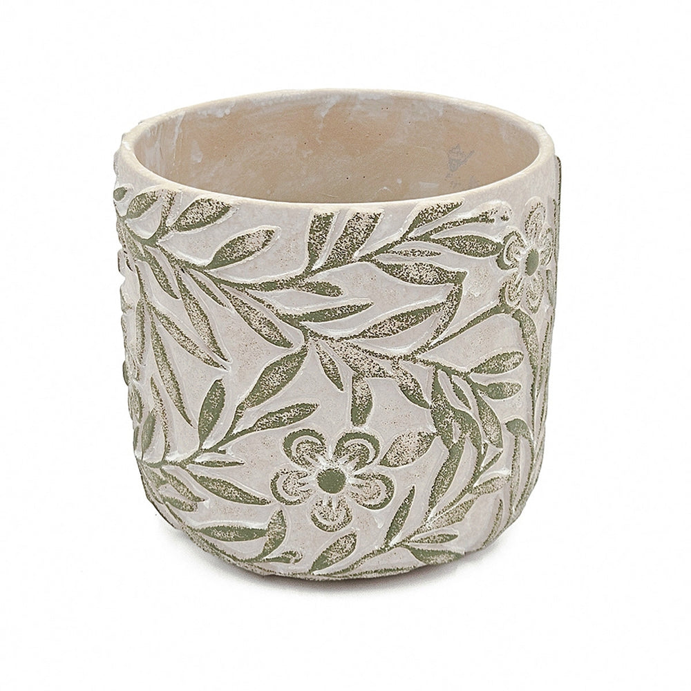S/2 Gray Sand and Cement Planters with Etched Green Floral Motif, L:D6.7x6.3' S:D5.5x5' Media 7