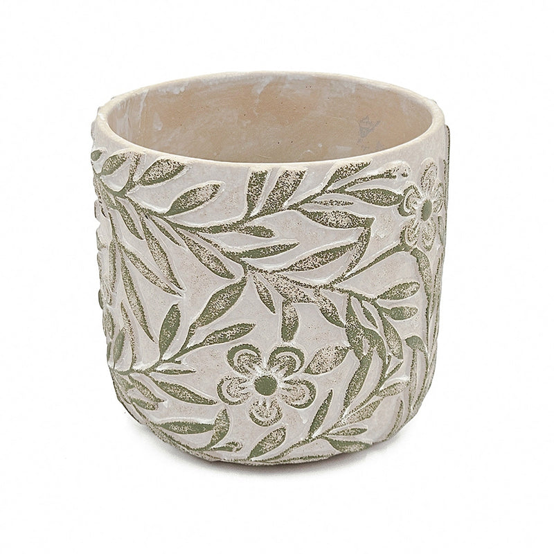 S/2 Gray Sand and Cement Planters with Etched Green Floral Motif, L:D6.7x6.3' S:D5.5x5'