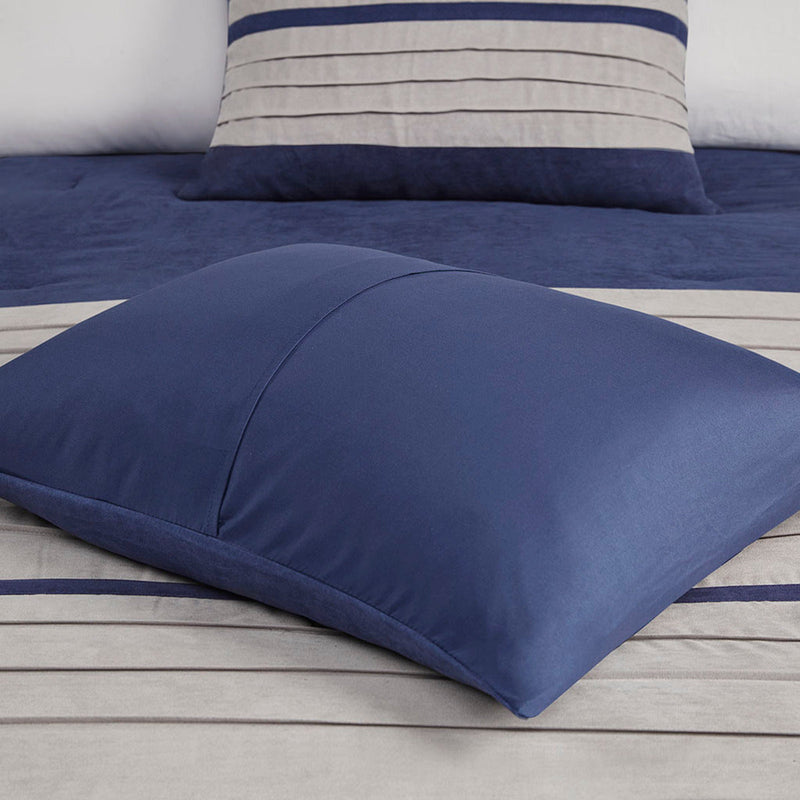 7 PC Pieced Faux Suede Comforter Set Blue Cal King