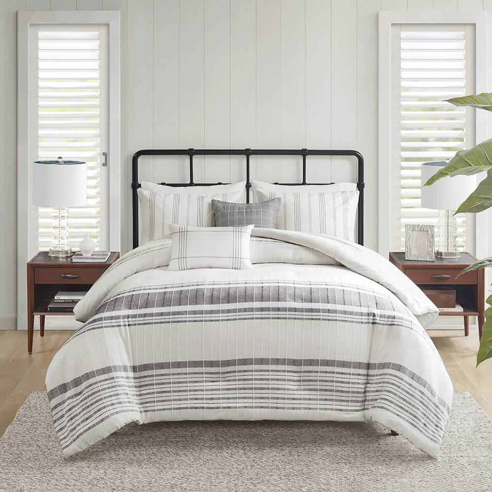 5 Piece Cotton Jaquard Duvet Set White/Grey Full/Queen Media 1