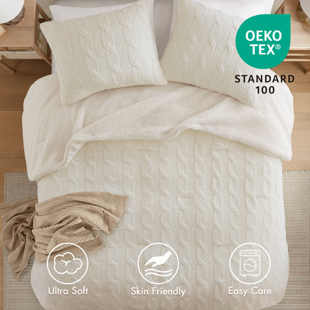 3 Pieces Full/Queen Cable Knit Chenille Comforter Set,Ivory Media 10