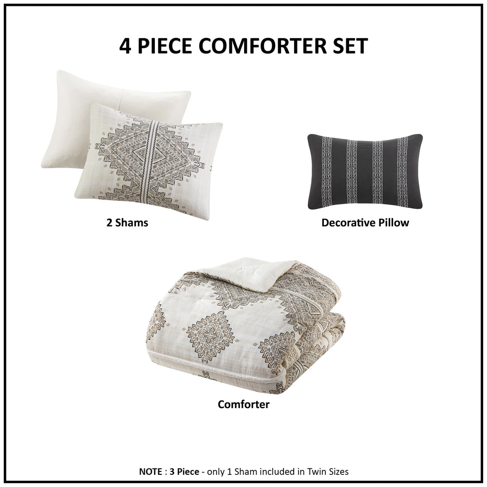 4 Piece Printed Comforter Set with Throw Pillow Black/Ivory Full/Queen Media 10