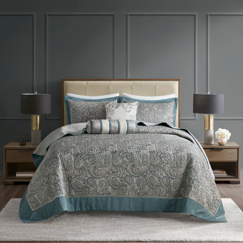 5 Piece Jacquard Bedspread Set with Throw Pillows Teal King Media 10