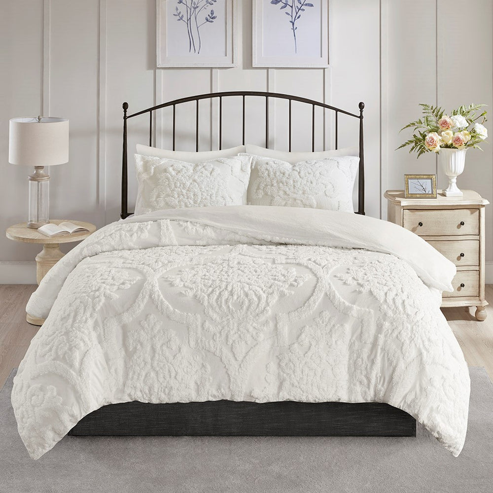 King/Cal King 3 Piece Tufted Cotton Chenille Damask Duvet Cover Set Media 5