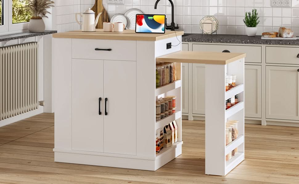 Extendable Island Console & Particle Board White Finish & Multi-Functional Storage Media 18
