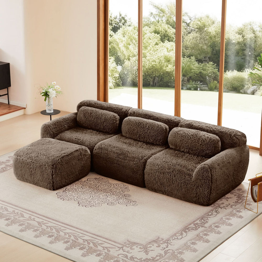 L-Shaped Sofa Plush Fabric With Movable Ottoman & Throw Pillows Chocolate Media 1