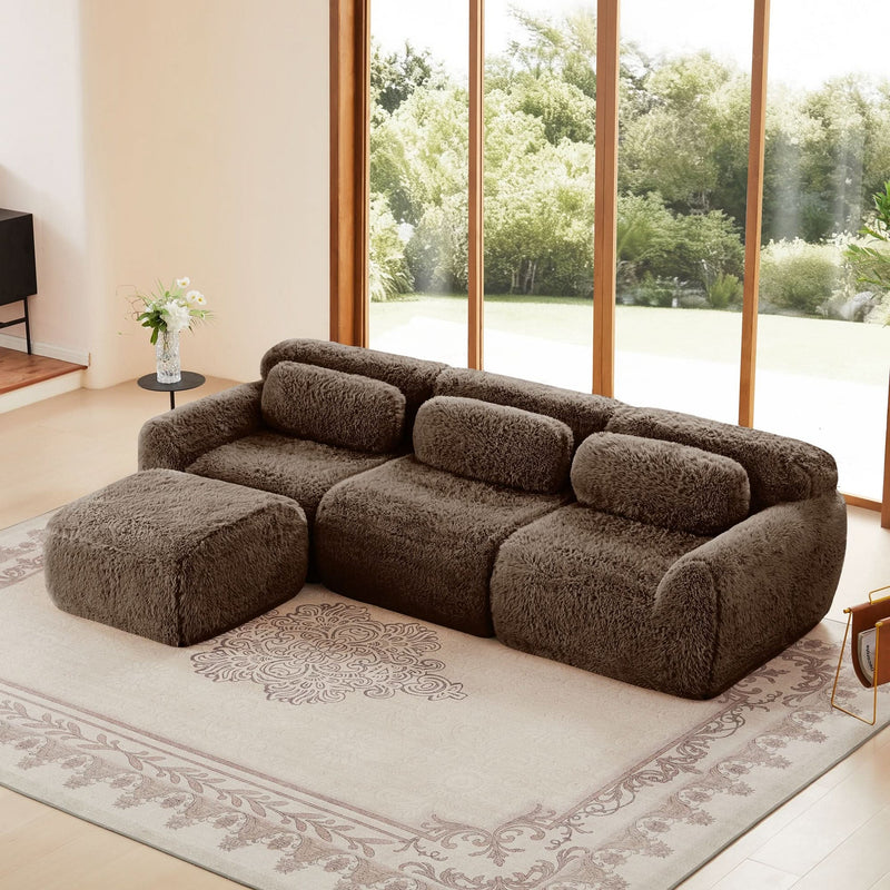 L-Shaped Sofa Plush Fabric With Movable Ottoman & Throw Pillows Chocolate