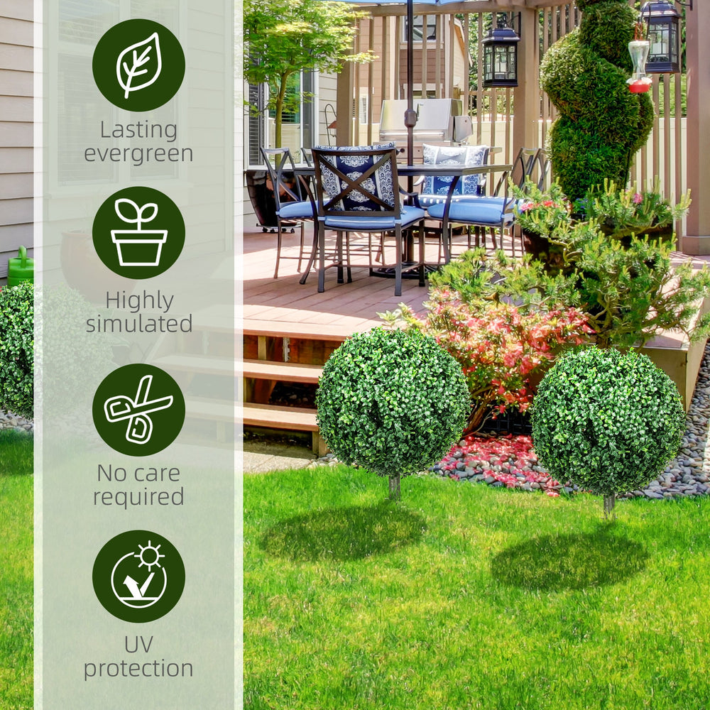 HOMCOM 1.3' (15.7') Artificial Boxwood Topiary Trees with Ground Stake, UV Resistant Set of 2 Ball Shaped Trees, Indoor Outdoor Fake Plants for Home Office & Living Room Décor Media 4