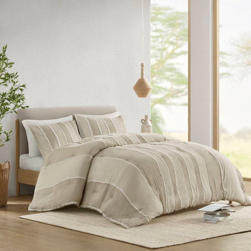3 Piece Striped Cotton Comforter Set Taupe King/Cal King