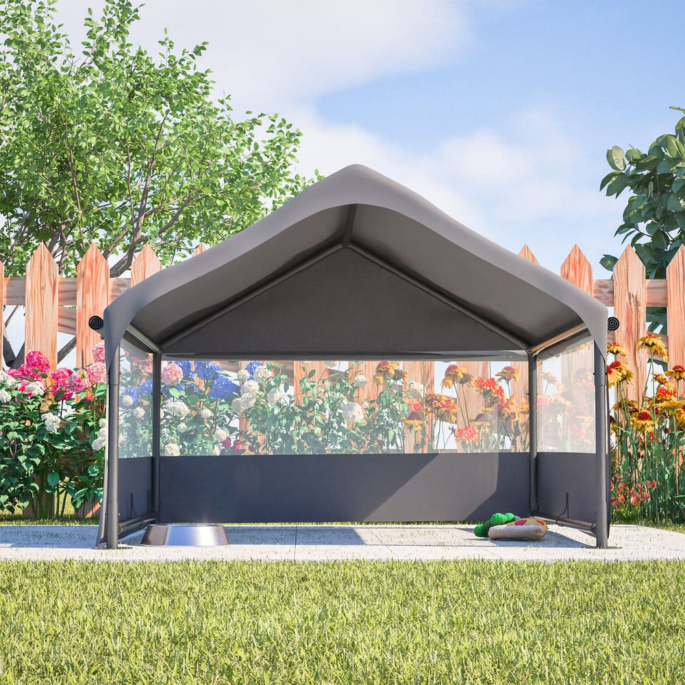 Extra Large Outdoor Dog House Tent with 3-Sided Mesh Windows, Breathable Sun Rain Cover Pet Shelter with Canopy and Ground Stakes for Dogs, Cats, Livestock – 4' x 4' x 3.3', Gray Media 14