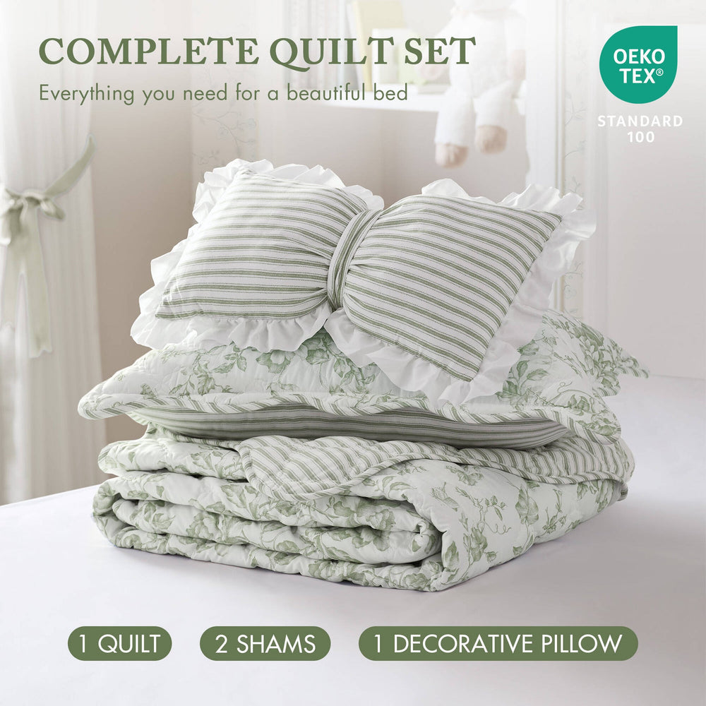 4 Pieces King  Quilt Set with Decorative Pillow,Green Media 10