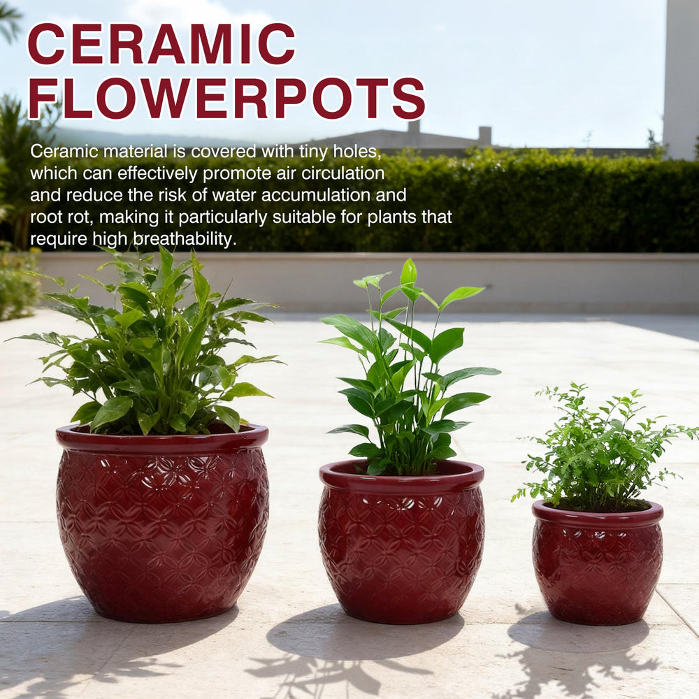 Handmade Ceramic Flower Pot Set of 3, 15/12/10 Inch Diameter, Deep Red with Floral Embossed Pattern, for Orchids Indoor/Outdoor Use on Windowsill & Bookshelf, Breathable Clay Media 8