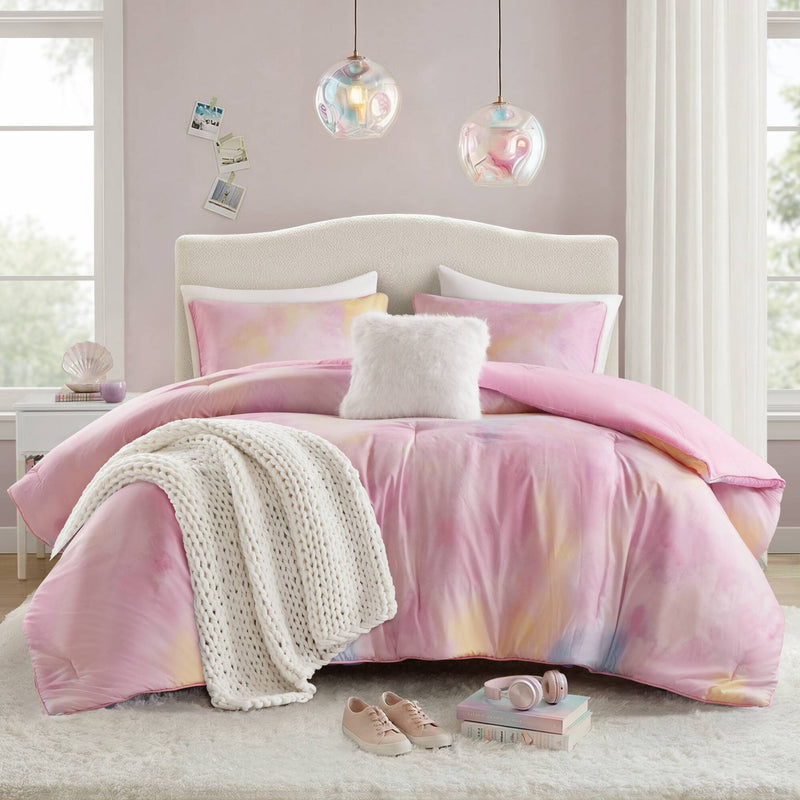 4 Pieces Full/Queen Watercolor Tie Dye Printed Comforter Set with Throw Pillow,Pink