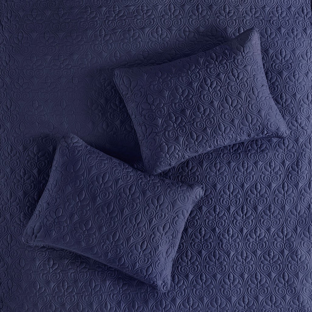 3 Piece Split Corner Pleated Quilted Bedspread Navy King Media 5