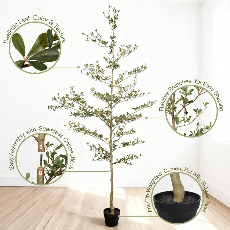 7FT Artificial Black Olive Tree with Black Plastic Pot, Realistic Tall Fake Plant for Indoor Home Living Room Corner Decoration, 1pc/set