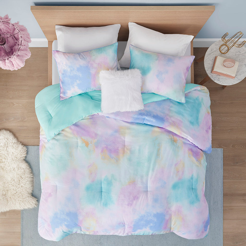 Full/Queen Watercolor Tie Dye Printed Comforter Set with Throw Pillow Media 13