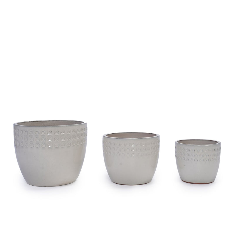 Handmade Ceramic Flower Pot Set of 3, 15/12/9 Inch Diameter, White Diamond Pattern, for Succulents Indoor/Outdoor Use on Windowsill & Bookshelf, Breathable Clay