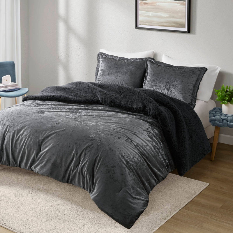3 PCS Full/Queen Crushed Velvet   Reversible Comforter Set Charcoal