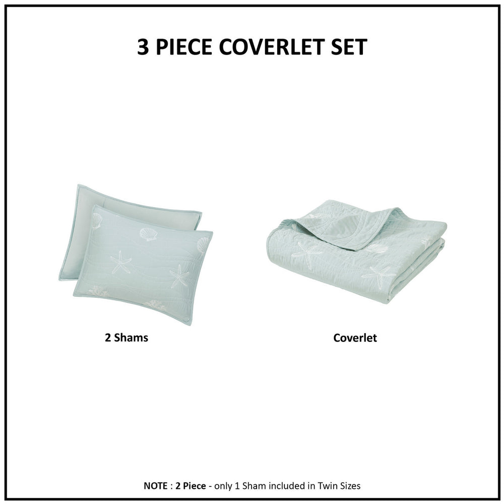 4 Piece Cotton Reversible Embroidered Quilt Set with Throw Pillow Aqua Full/Queen Media 15