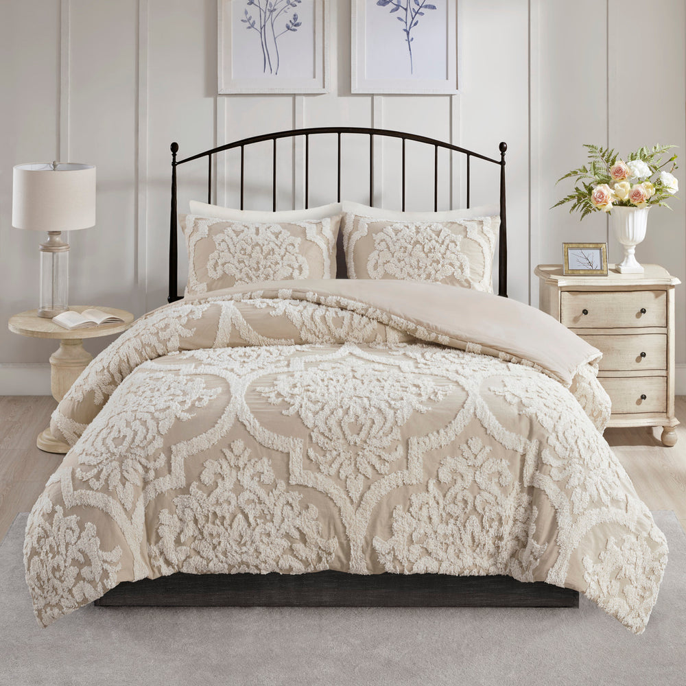 3 piece Tufted Cotton Chenille Damask Comforter Set Taupe Full/Queen Media 9