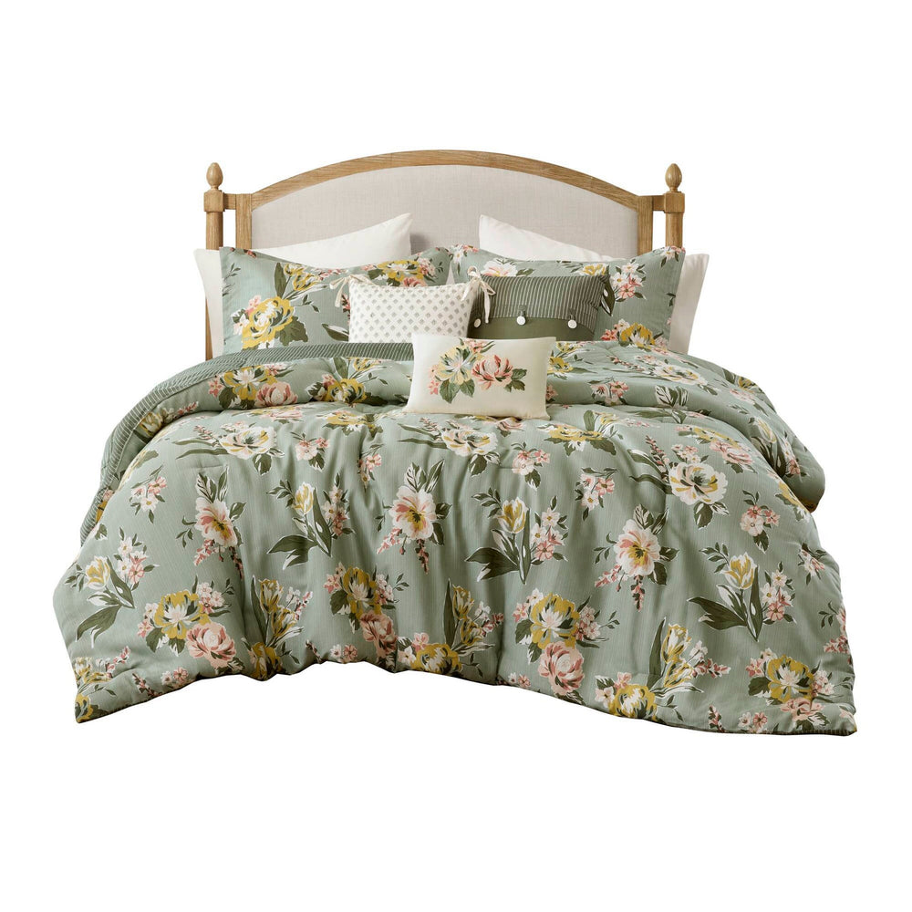 7-Piece King Vin  Floral Comforter Set, Green Media 16