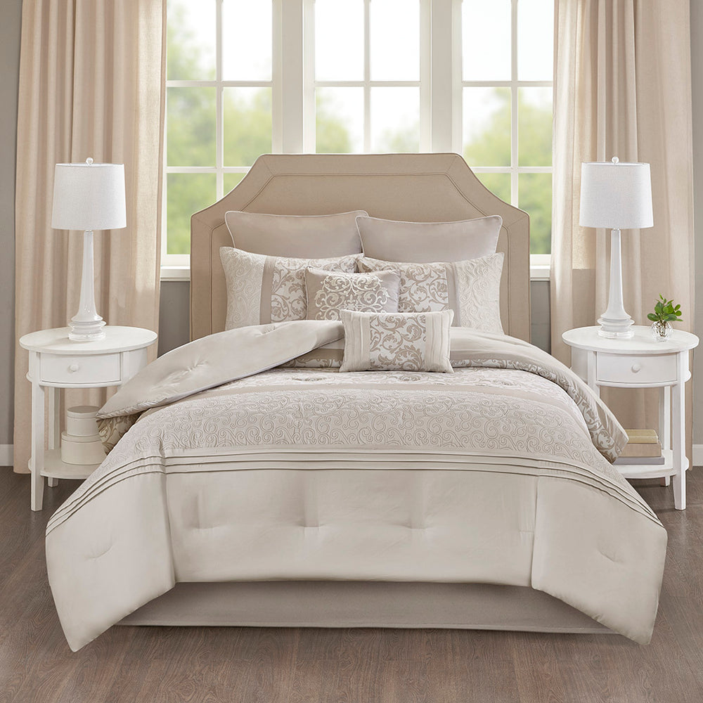 Embroidered 8 Piece Comforter Set Neutral Queen Media 5