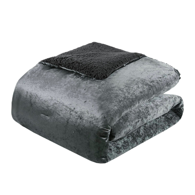 3 PCS Full/Queen Crushed Velvet   Reversible Comforter Set Charcoal