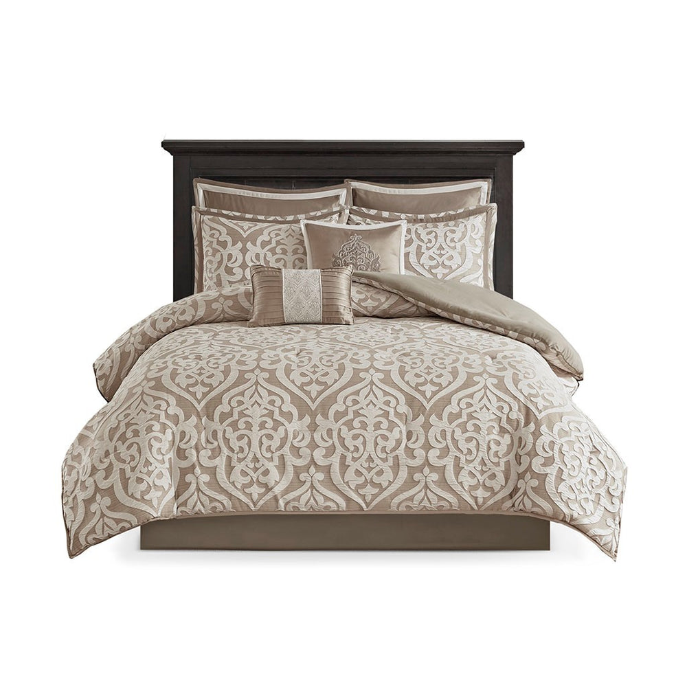8 Piece Jacquard Comforter Set Tan/Ivory King Media 3