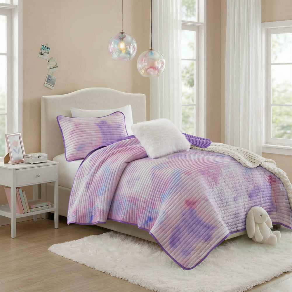3 Pieces Twin/Twin XL Watercolor Tie Dye Printed Quilt Set with Throw Pillow,Purple Media 16