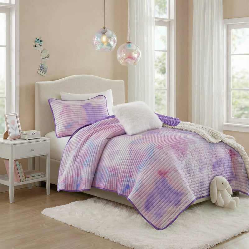 3 Pieces Twin/Twin XL Watercolor Tie Dye Printed Quilt Set with Throw Pillow,Purple