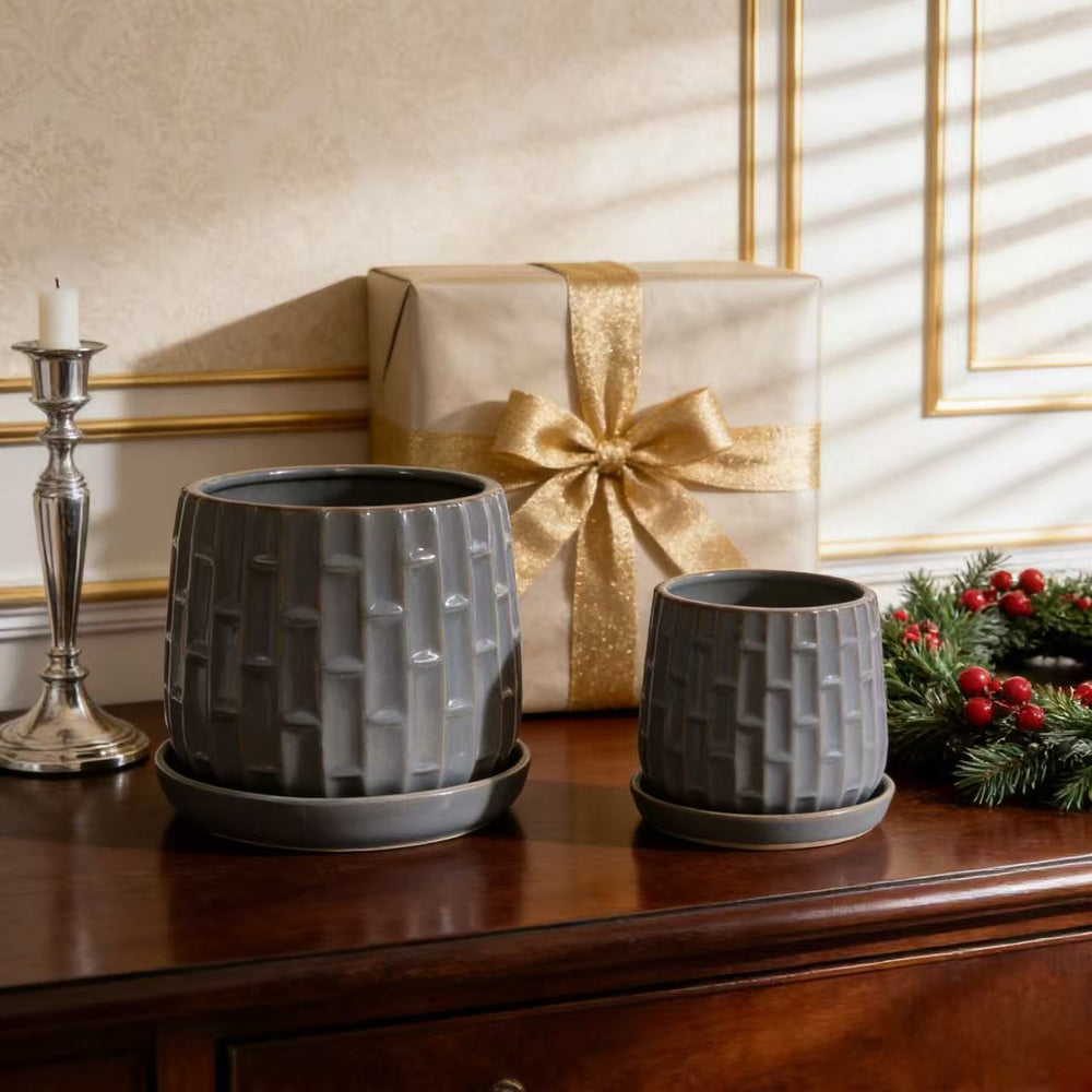Handmade Gray Glazed Ceramic Planter Set of 2, 6' & 8' Diameter, Vertical Ribbed Pattern, for Succulents & Herbs Indoor/Outdoor Shelf & Table Use, Breathable Clay with Saucers Media 14