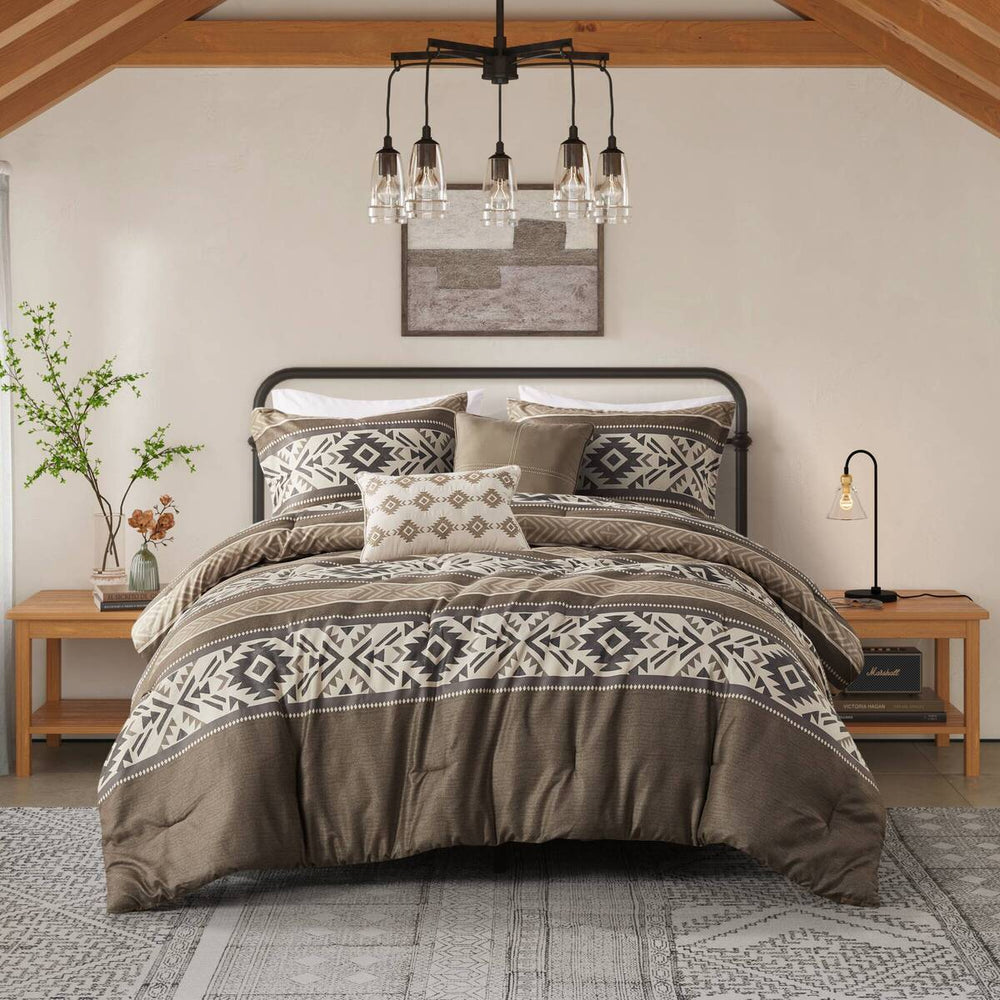 5 Piece Stripe Herringbone Comforter Set with Throw Pillows Brown King/Cal King Media 15