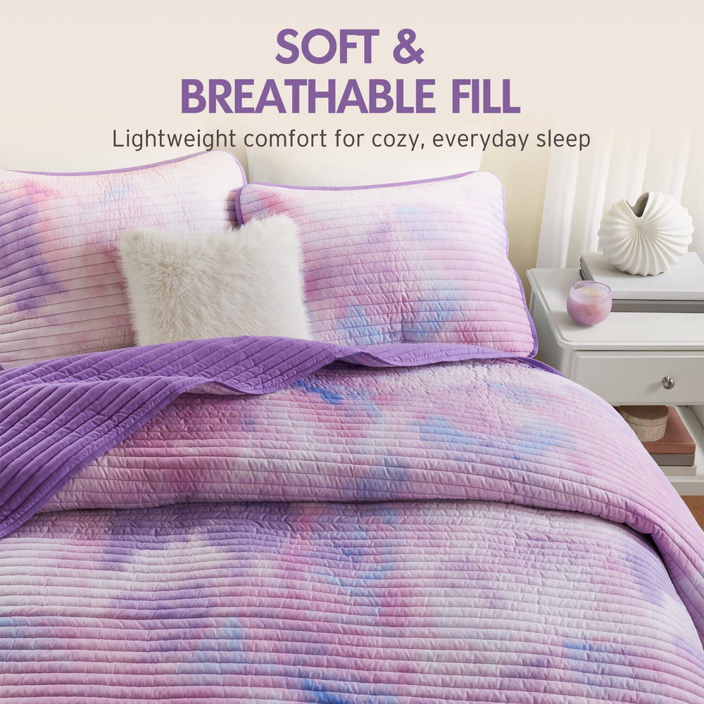 4 Pieces Full/Queen Watercolor Tie Dye Printed Quilt Set with Throw Pillow,Purple Media 11