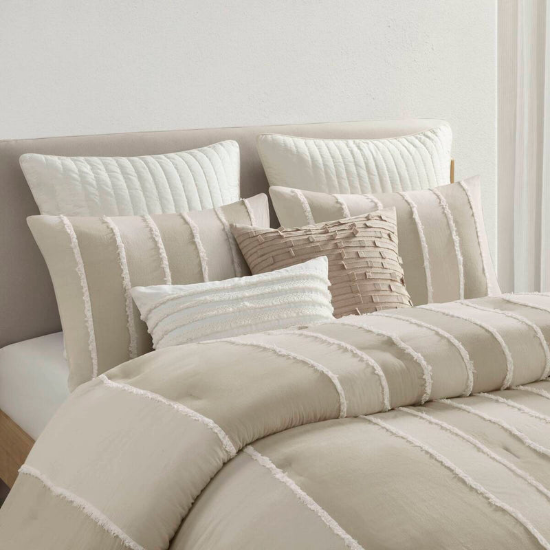 3 Piece Striped Cotton Comforter Set Taupe King/Cal King