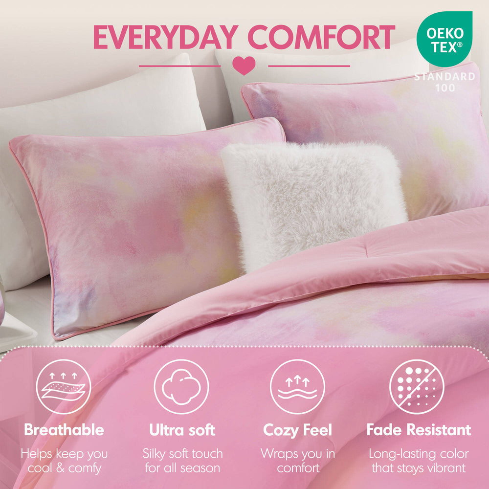 4 Pieces King/Cal King Watercolor Tie Dye Printed Comforter Set with Throw Pillow,Pink Media 10
