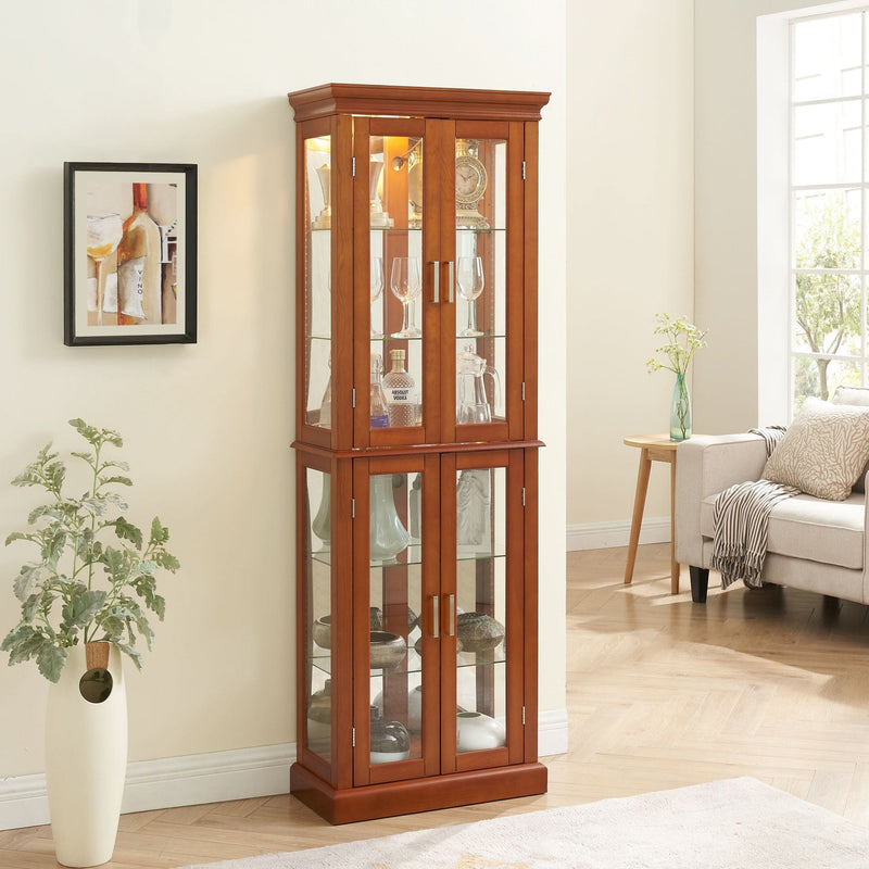Glass Display Cabinet Tempered Glass Doors Walnut Finish Transitional