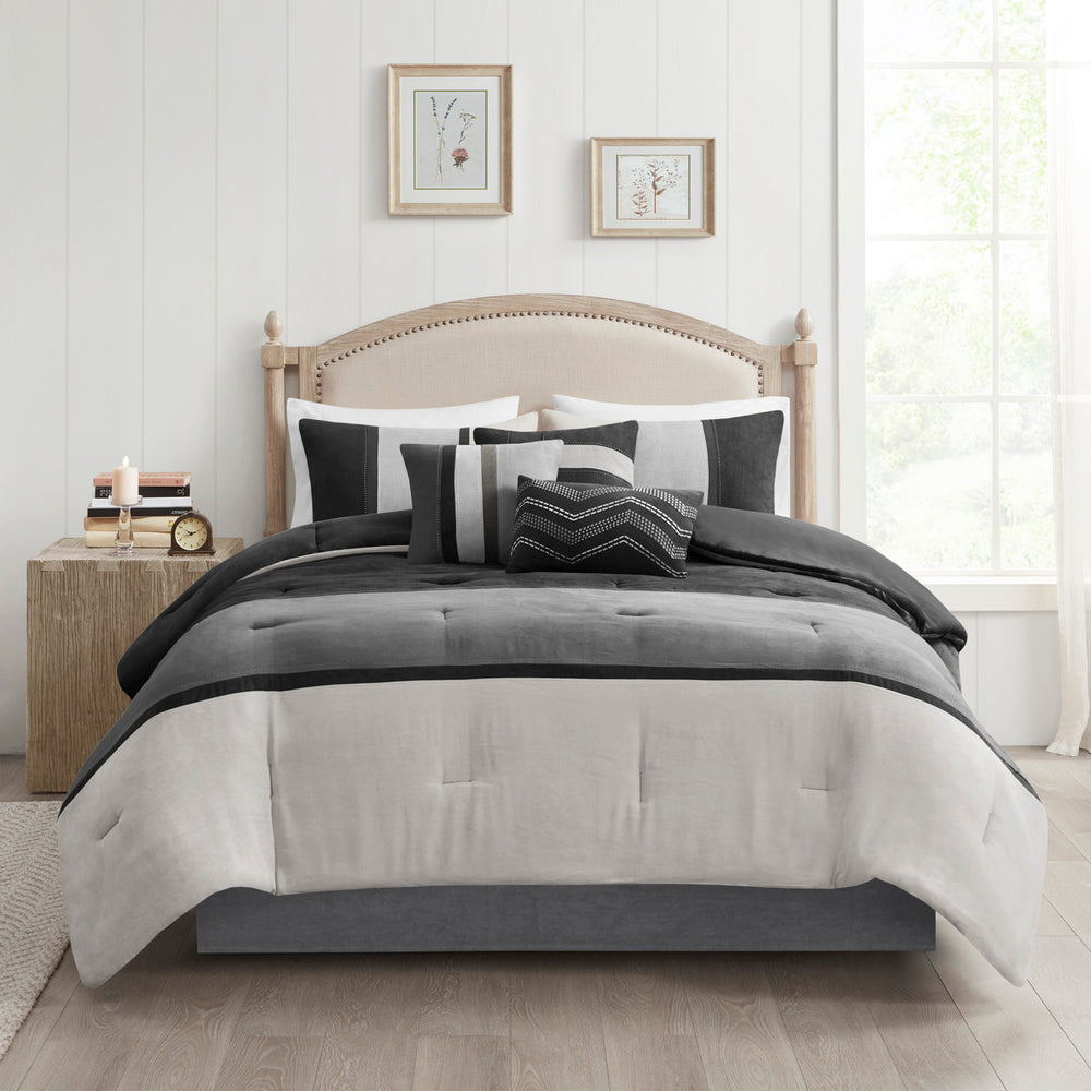 7 Piece Faux Suede Comforter Set Black Cal King Media 15