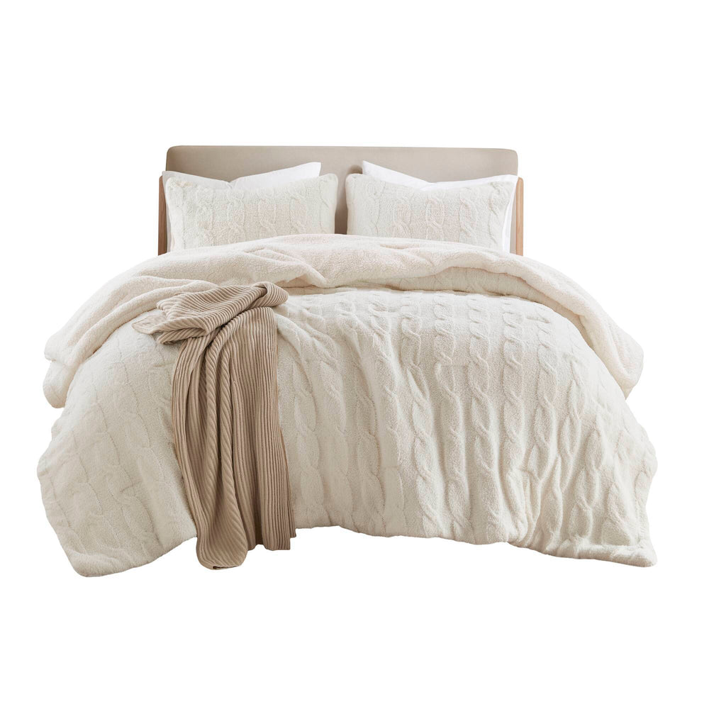 2 Pieces Twin Cable Knit Chenille Comforter Set,Ivory Media 11
