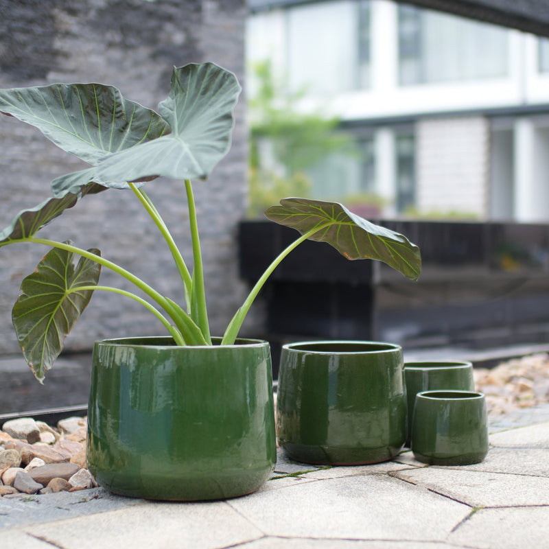 Handmade Solid Glazed Ceramic Planter Set of 4, 14/11/9/7 Inch Diameter, Deep Green, for Succulents and Cacti, Outdoor Garden & Indoor Stairs Use, Breathable Clay with Drainage Holes