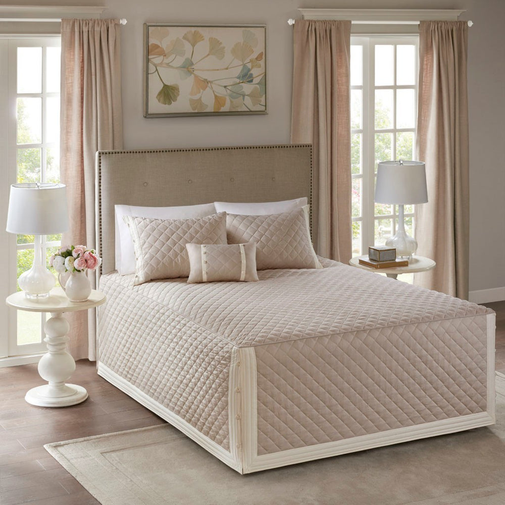 4 Piece Cotton Reversible Tailored Bedspread Set Khaki Queen Media 1