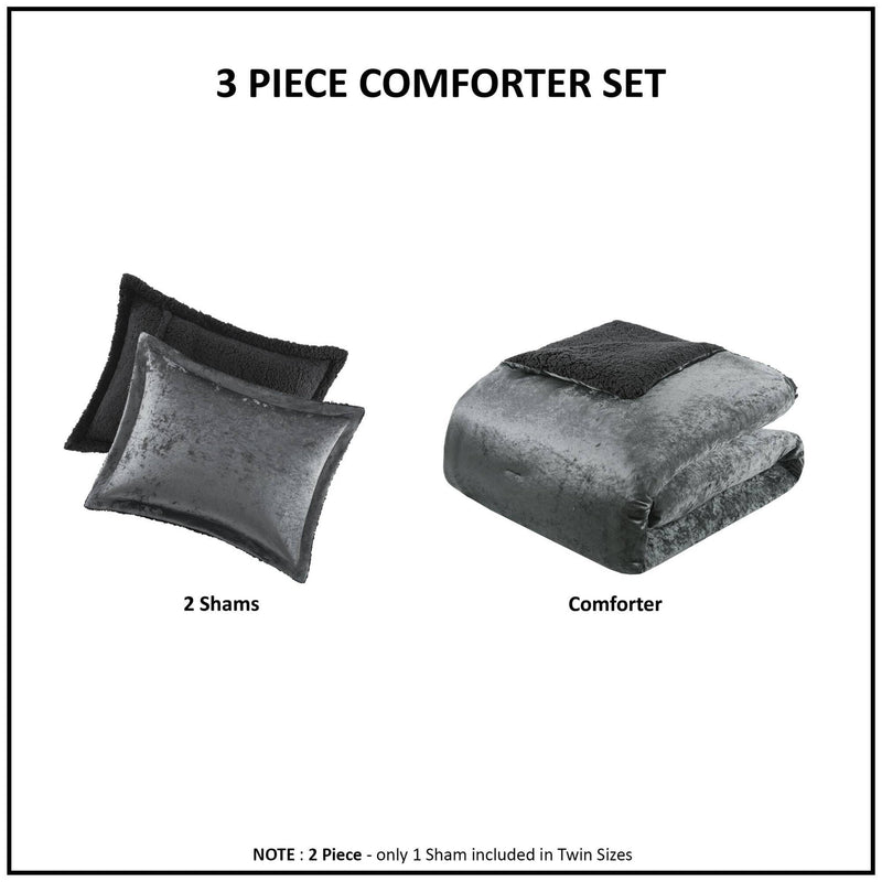 3 PCS Full/Queen Crushed Velvet   Reversible Comforter Set Charcoal