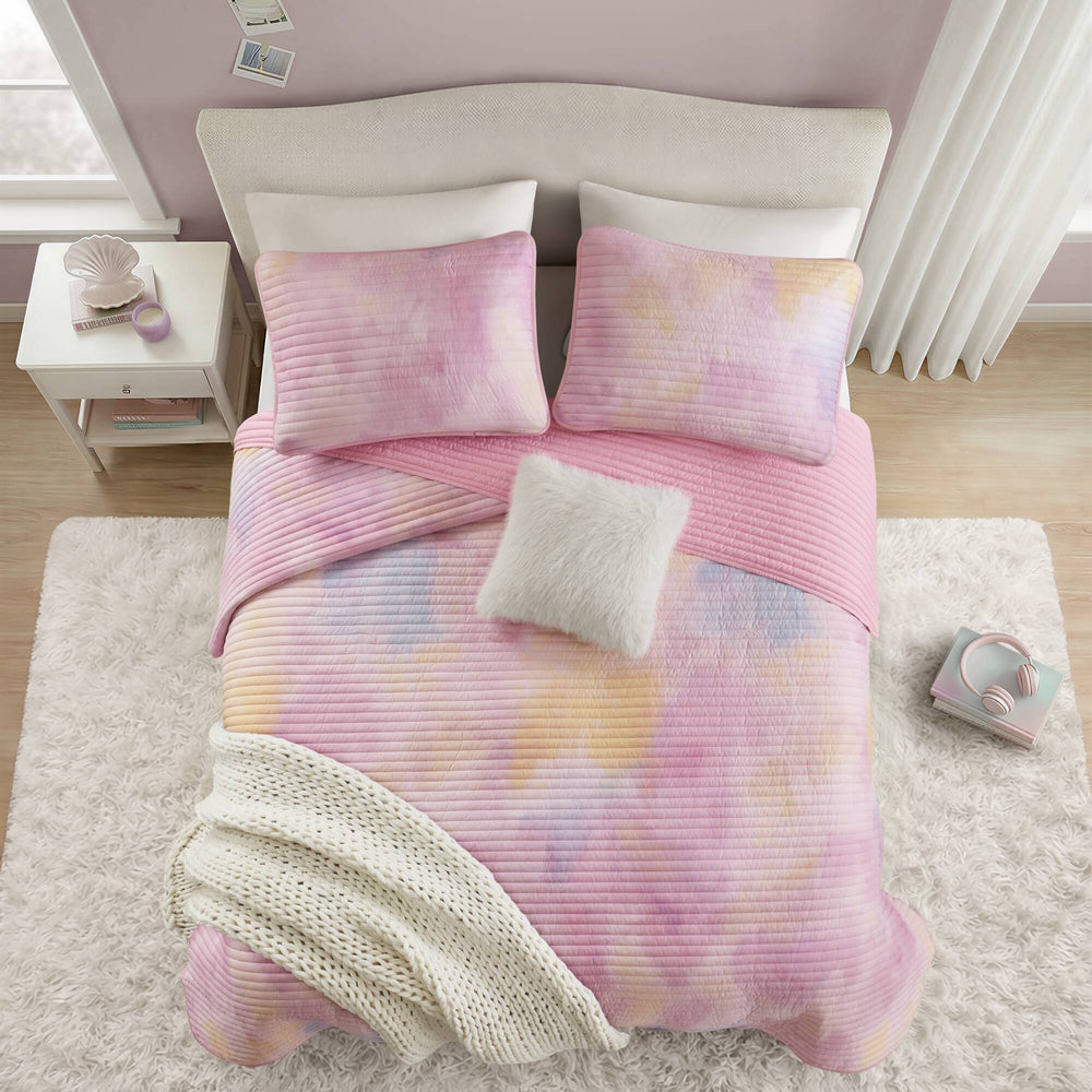 4 Pieces Full/Queen Watercolor Tie Dye Printed Quilt Set with Throw Pillow,Pink Media 19